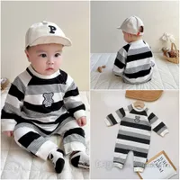 INS Baby boys stripe romper infant cute bear embroidery long sleeve jumpsuits spring toddler girls soft climb clothes Z0373