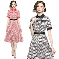 2023 Belted Butt Down Midi Shirt Dress Patterns Chic Designer Women Short Sleeve Casual Office Dresses Runway Elegant Printed Ladies Party Clothes Spring Summer