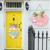 Decorative Flowers Wreaths Happy Easter Party Door Hanging Sign Wooden Easter Egg Rabbite Bunny For Home Decor Easter Wreath Wood Crafts Garden Ornaments Z0221