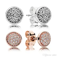 18K Rose Gold Round Disc Stud EARRING for Pandora 925 Silver CZ Diamond Earrings with Original box set Women Wedding Gift Jewelry239H