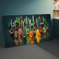 Postatori di arte della parete del tema della cucina e stampano erbe e spezie sul tavolo dipinti di tela sul muro che cucina immagini Cuadro