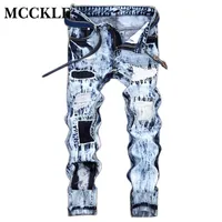 Whole- MCCKLE Embroidery Light Blue Mens Fashion Jeans Pants Distressed Denim Motorcycle Pants Streetwear Patch Man Jeans271t