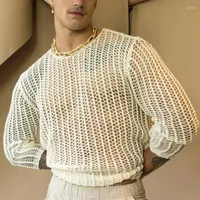 Мужские рубашки с длинными рукавами сексуальная футболка нижняя рубашка мода сетка сетчатая сетка.