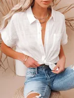 البلوزات النسائية نساء 2023 غير رسمي الصلبة القصير الأكمام الكتان القطن فضفاضة بلوزة عتيقة هاراجوكو قميص أبيض كبير الحجم