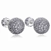 Real 925 Sterling Silver Natural Crystal ball Earrings fit Pandora style Silver Jewelry for Women Diamond disco Beads Stud Earring272T