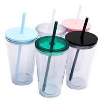 16oz Plastic Tumblers sippy drinking cup with Lid and Straw Acrylic skinny cup double wall Beer Coffee Mug Travel Cups 001