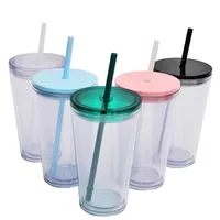 16oz Plastic Tumblers sippy drinking cup with Lid and Straw Acrylic skinny cup double wall Beer Coffee Mug Travel Cups