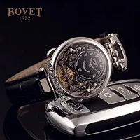 Bovet Swiss Quartz Mens Watch Amadeo Fleurier Steel Case Skeleton Black Dial Watches Black Leather Strap Watches Cheap TimeZoneWat237R