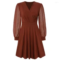 Casual Dresses Womens Jacquard Lace Puff Long Sleeve Ruched Wrap V-Neck Solid Color A-Line Midi Dress High Waist Swing