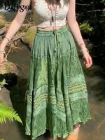 Kjolar darlingaga vintage green grunge fairycore veckade lång kvinnlig mode grafik tryckt hög midja dragskon harajuku 230222