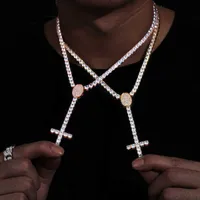 Nieuwe aankomst 5 mm Gold vergulde koperen prong Set 5A Zirkon CZ Diamond Cluster Tennis Chain Long Cross Necklace