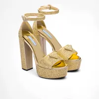 Goldene Kristall verzierter Knöchelstrap-Plattform Sandalen klobige Absätze Strauchsteine ​​High Heeled Block Heel Sandale Luxus Designer Schuhe für Frauen Fabrikschuhschuhe