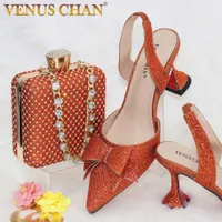 Sandaler Venus Chan Orange Classics Design Nigerian Women Shoes Matching Bag Set med Shinning Crystal med tunna klackar för Garden Party J230222