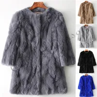 Ethel Anderson 100% Real Rabbit Fur Coat Women's O-Neck Long Rabbit Fur Jacket 3 4 Sleeves Vintage Style Leather Fur Outwear 239V