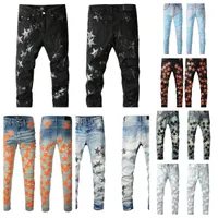 New Mens Jeans For Guys Rip Slim Fit Skinny Man Pants Orange Star Patches Wearing Biker Denim Stretch Cult Stretch Motorcycle Trendy Long Straight Hip Hop With Hole