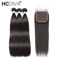 Cheveux raides p￩ruviens pr￩-colorants avec fermeture remy les cheveux humains tissages 3 paquets avec fermeture couleur noire naturelle hcdiva cheveux 266y