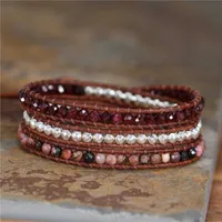 Link Chain Drop Shipping Boho Bead Bracelets Red Natural Stone 3 Layers Leather Wrap Bracelets Yoga Women Statement Cuff Bracelets Jewelry G230222