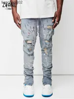 Herenjeans Engeland nieuwe ontwerp jeans mannen schilderen slanke coton gescheurde denim broek fietser mager noodlijdende knieschade lichtblauwe jeans w0223