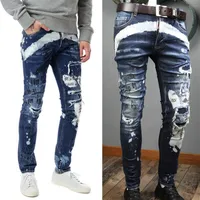 Man Jeans Graffiti Blue Patinero angustiado Well Wash Skinny Fit Effect We Out Pants de mezclilla Man1893