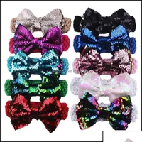 Headbands Hair Jewelry Glitter Doubleside Sequin Bows Bow Head Wrap Turban Knitted Headband For Kids Party Accessories Drop Dhwl8