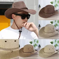 Berets 2023 Men'S Western Cowboy Hat Fashion Linen Straw Outdoor Travel Sun Jazz Big Brim Knight