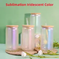 New 12oz 16oz Sublimation Mugs iridescent Glass Can Rainbow Shimmer Beer Glass Tumbler Frosted Drinking Cup With Bamboo Lid And Reusable Straw holographic color