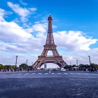 Paris Eiffel Tower pography خلفية مطبوعة زرقاء السماء البيضاء الأبيض في الهواء الطلق منظر