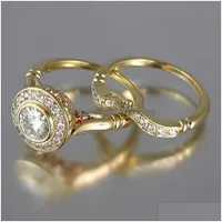 Band Rings Golden Color 2Pc Bridal Ring Sets Romantic Proposal Foe Women Trendy Round Stone Setting Whole Lots220K Drop Deli Dhyr4