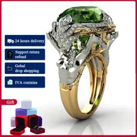 With Side Stones HOYON 14K Yellow Gold Color Emerald Gemstone Ring for Women Fine Anillos De Anel Bijoux Femme Jewellery Bizuteria Jade Free Ship 230223