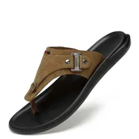 Shoes 6615 Clip Foot Flip Flops Batch 36-45 Standard Shoe Sizes First Layer Leather Dark Khaki