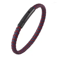 Charm Bracelets Red Blue Mix Braided Leather Bracelet Men Stainless Steel Snaps Weave Bangles Male Wrist Band Fashion Unisex Jewelry Gifts