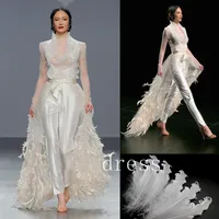Designer Feather Women Jumpsuits Prom Dresses Long Sleeve Elegant Party Zuhair Murad Dress With Detachable Train Evening Gown Vest296m