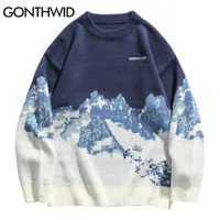 Мужские футболки Gonthwid Snow Mountain вязаные джампер -свитера уличная одежда мужская хип -хоп Хараджуку.