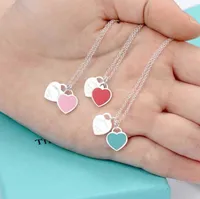 KSKR Ebaija t family love necklace (female 925) pure silver red heart oil enamel blue clavicle chain Double Heart Pendant