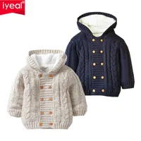Cardigan IYEAL Baby Boys Hooded Cardigan Jacket Long Sleeve Fleece Lined Knitted Sweater Kids Toddler Girls Winter Warm Outerwear 0-2 Y 230224