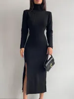 Sıradan Elbise Vestidos de Malha Tejidos Siyah para Mujer Bultleneck Örme Kış İnce Uzun Kollu Maxi Bodycon Sweater Elbise Kore