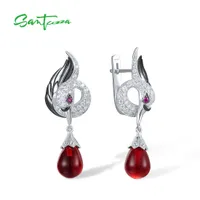 Dangle Chandelier SANTUZZA 925 Sterling Silver Black White Swan Earrings For Women White CZ Red Glass Created Ruby Dangling Fine Gorgeous Jewelry 230224
