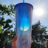 Starbucks Studded Mugs Big Mug Plastic Coffee Cup Bright Diamond Starry Sky Straw Cup Large Capacity Durian Cup Presentprodukter