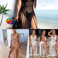 Women Summer Crochet Hollow Out Tassel Beach Cover Up Dress Sexy Bikini Swimsuit Cove Ups Suping Supe Cover Up Robe Plage X0717200O