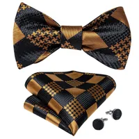 Neck Ties Self Tie Bow Tie Handkerchief Cufflinks Set Fashion Black Gold Men&#039;s Silk Butterfly Bowknot Formal Wedding Party Cravat DiBanGu