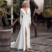 Bröllopsklänning långärmad klänningar 2023 sidoslits ren nacke rygglös enkel brudklänning med blet a-line satin vestidos de noiva
