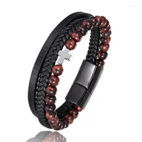 Bracelets de charme bracelet en cuir en acier inoxydable 6 mm Tiger Eye Stone Beads Fashion bracelet Hematite Cross