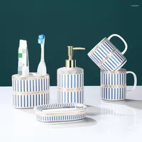 Bath Accessory Set Nordic Bathroom Supplies   Accessories Creative Striped Ceramic Toothbrush Holder Soap Dispenser Tray Five-piece