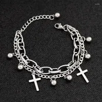 Charm Bracelets Fashion Women Men Trend Jesus Cross Bead Double Chain Stainless Steel Silver Color Bracelet Party Jewelry A Gift