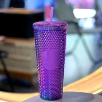 Canecas cravejadas de Starbucks 710ml Copo de café plástico Diamante brilhante Starry Straw Copo de grande capacidade Durian Cup Gift Products
