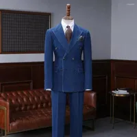 Herrenanzüge Blue Denim Oxford Männer Kostüm Homme Hochzeit Tuxedo Doppelte Baße Jacke mit Hosen 2 Stück Bräutigam Verschleiß Blazer Maskulino
