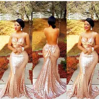 Glitter Rose Gold paljetter Prom kl￤nningar Sexig ￶ppen rygg plus storlek gnistrande sj￶jungfru formell aftonkl￤nning Ny monterade svarta flickor Homecoming2369