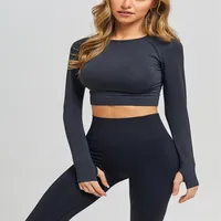 Nuevas mujeres sin costuras de yoga set de fitness baratos trajes deportivos de gimnasia yoga camisas de manga larga de cintura con calma de ejercicio