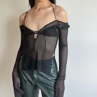 Женские футболки Sexy Gothic Y2K Women Tops Tops Summer Mesh футболки панк посмотрите через Halter с длинными рукавами черная лоскутная одежда
