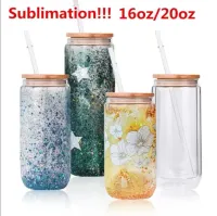 US warehouse Water Bottles Double wall Sublimation 16oz 20oz glass Tumbler Cups can glasses with bamboo lid reusable straw Mug beer Transparent Soda Can drinking